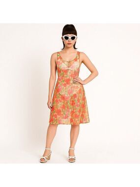 Vintage Sheer Mesh Colorful Floral Dress 80s 90s Fit & Flare Retro Mod Dopamine